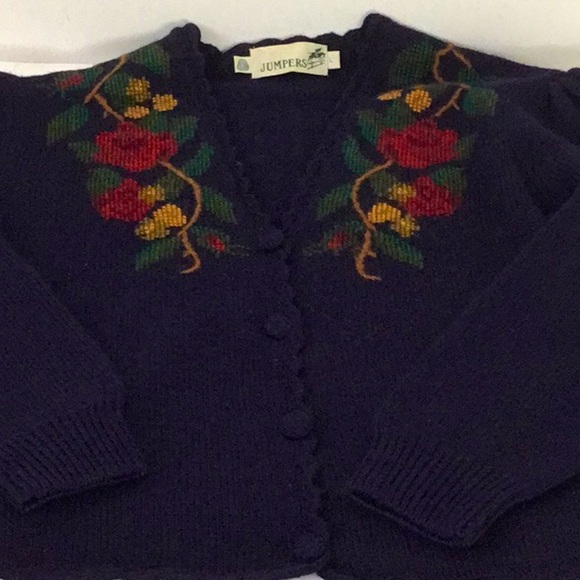 Jumpers 100%Wool Navy Floral Embroidered Knit Sweater Retro Whimsigoth Farmhouse - Picture 8 of 8
